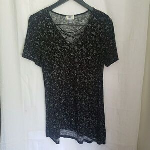 Old Navy Long Black White Short Sleeved Top Semi Sheer Women's Size M